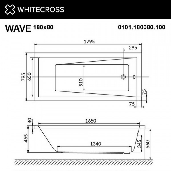 Фото акриловая ванна whitecross wave 180x80 см smart nano 0101.180080.100.smartnano.cr
