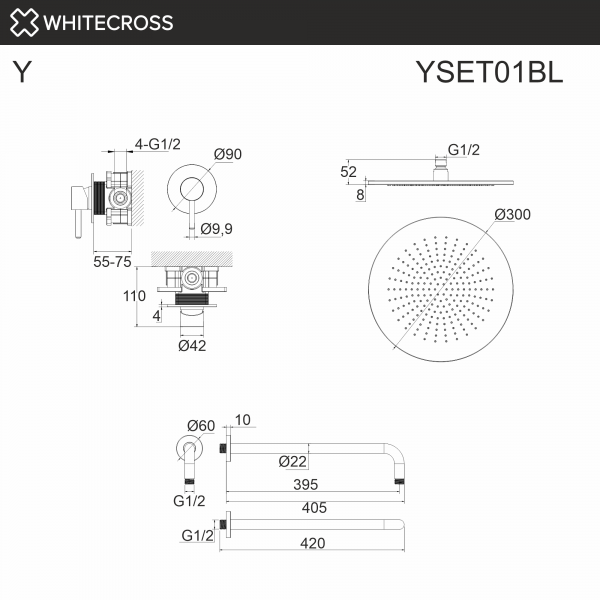 Фото душевой набор со встроенным смесителем и верхним душем whitecross y yset01bl, цвет: черный