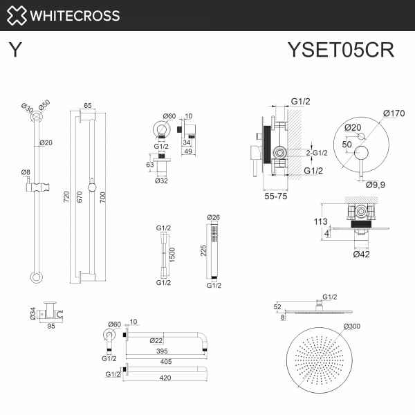 Фото душевой набор со встроенным смесителем и верхним душем whitecross y yset05cr, цвет: хром