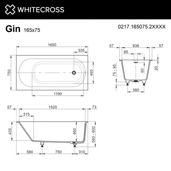 Фото ванна из искусственного камня whitecross gin 165x75 см 0217.165075.2xxxx