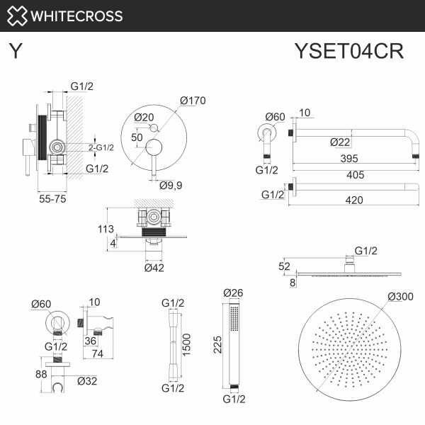 Фото душевой набор со встроенным смесителем и верхним душем whitecross y yset04cr, цвет: хром