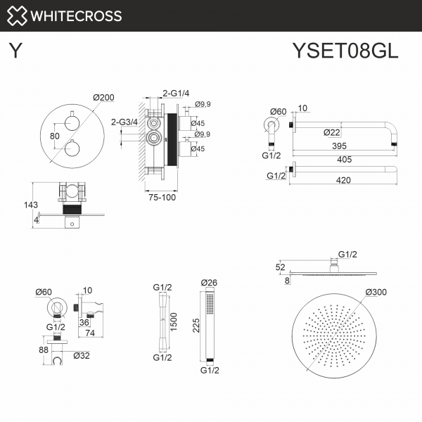 Фото душевой набор со встроенным смесителем и верхним душем y yset08gl, цвет: золото