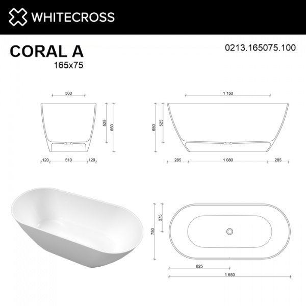 Фото ванна из искусственного камня whitecross coral a 165x75 см 0213.165075.100