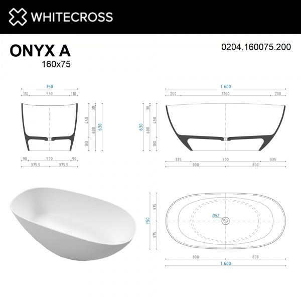 Фото ванна из искусственного камня whitecross onyx a 160x75 см 0204.160075.200