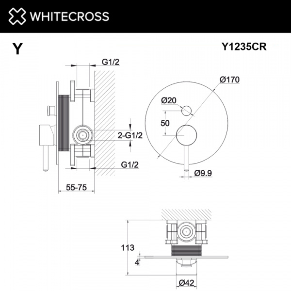 Фото встраиваемый смеситель для душа whitecross y y1235cr, цвет: хром