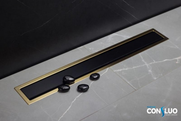 Фото трап линейный с решеткой pestan confluo premium line black glass gold 95 см 13100119