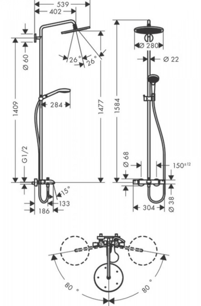 Фото душевая стойка hansgrohe croma select s 280 air 1jet showerpipe 26792000
