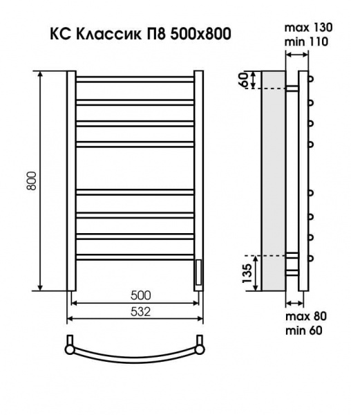 Фото электрический полотенцесушитель terminus классик п8 50x80 см 4670078527592