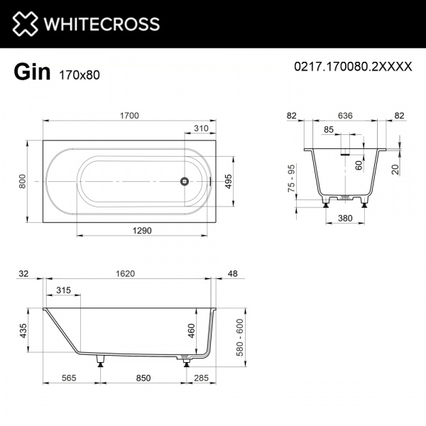 Фото ванна из искусственного камня whitecross gin 170x80 см 0217.170080.2xxxx