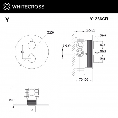Фото встраиваемый термостатический смеситель для душа whitecross y y1236cr, цвет: хром