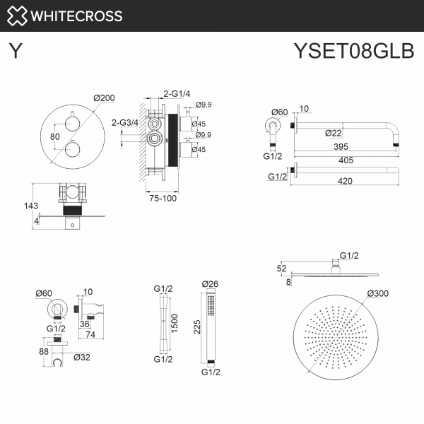 Фото душевой набор со встроенным смесителем и верхним душем y yset08glb, цвет: золото