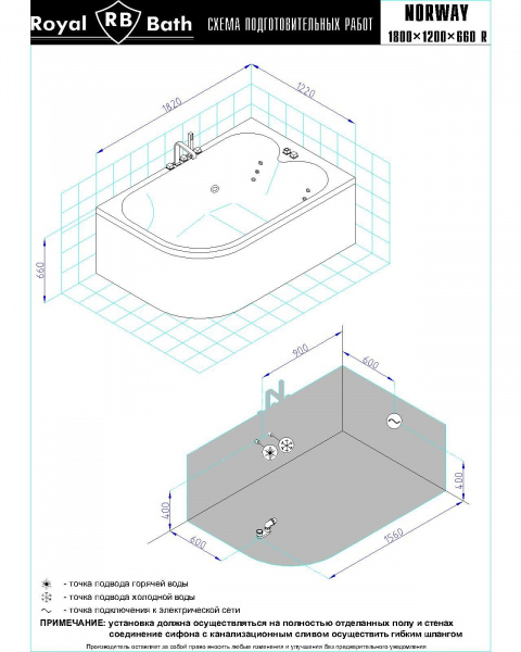 Фото акриловая ванна royal bath norway de luxe rb331100dl-r 180x120 см