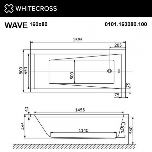Фото акриловая ванна whitecross wave 160x80 см line nano 0101.160080.100.linenano.cr