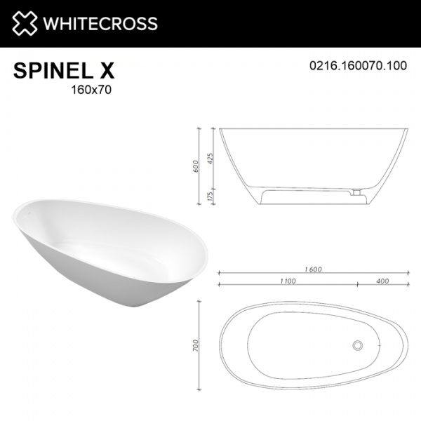 Фото ванна из искусственного камня whitecross spinel x 160x70 см 0216.160070.100
