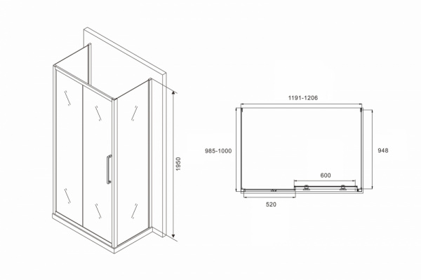Фото душевое ограждение abber schwarzer diamant 120x100 см ag30120h-s100-s100