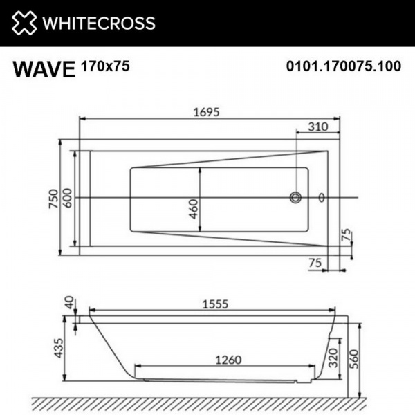 Фото акриловая ванна whitecross wave 170x75 см ultra nano 0101.170075.100.ultranano.cr