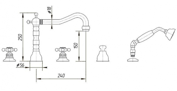 Фото смеситель на борт ванны на 5 отверстий migliore arcadia, цвет: золото ml.arc-8380.do
