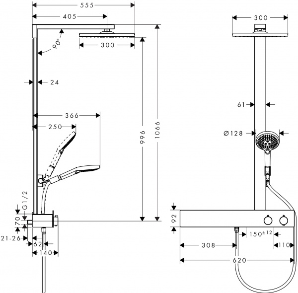 Фото душевая стойка hansgrohe raindance e 300 1jet showerpipe 600 st 27363000
