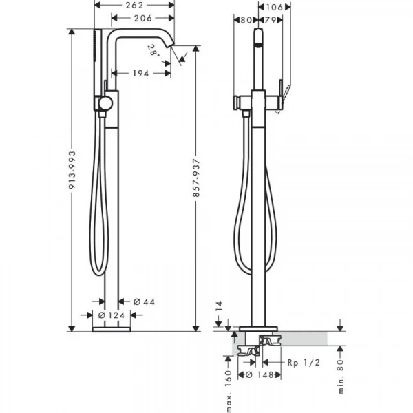 Фото напольный смеситель для ванны hansgrohe tecturis s 73440670