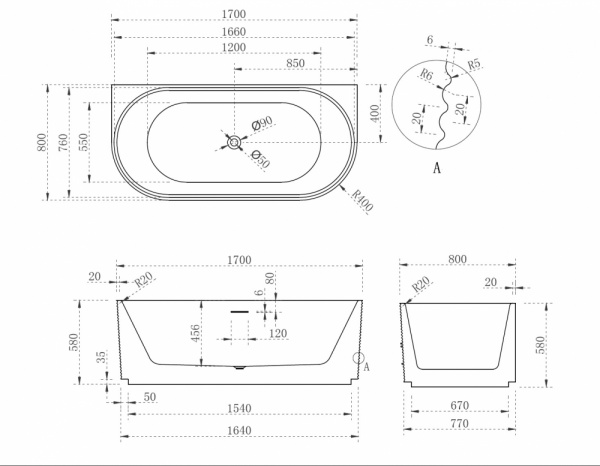 Фото акриловая ванна abber 170x80 см ab9440-1.7