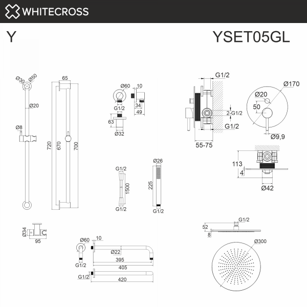 Фото душевой набор со встроенным смесителем и верхним душем whitecross y yset05gl, цвет: золото