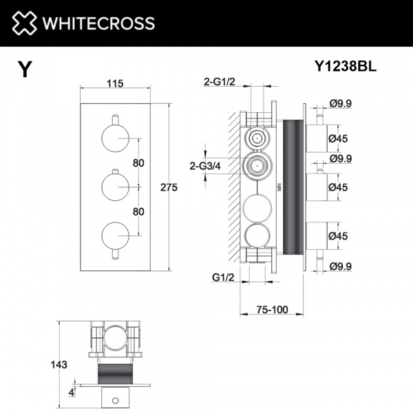 Фото встраиваемый термостатический смеситель для душа whitecross y y1238bl, цвет: черный