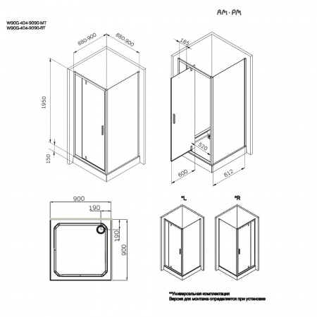 Фото душевое ограждение am.pm gem 90x90 см w90g-404-9090-mt