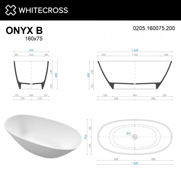 Фото ванна из искусственного камня whitecross onyx b 160x75 см 0205.160075.200